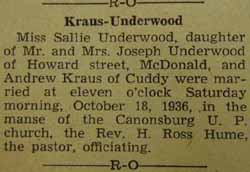 Marriage Notice for Andrew KRAUS to Sallie Underwood, 18 Oct 1936