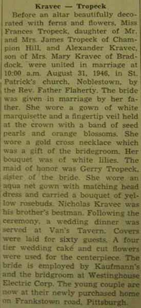 Marriage Notice for Alexander KRAVEC to Frances Tropeck, 31 Aug 1946