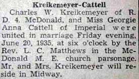 Marriage Notice for Charles W. KREIKEMEYER to Georgie Anna Cattell, 20 Jun 1935