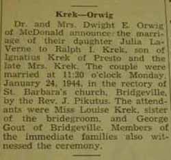 Marriage Notice for 
Ralph I. KREK to Julia LaVerne Orwig, 24 Jan 1944