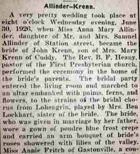 Part 1 Marriage Notice for John KRENN to Anna Mary Allinder, 30 Jun 1926