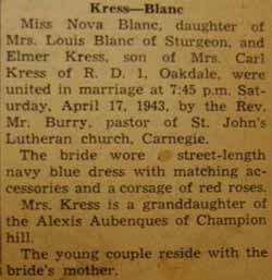Marriage Notice for Elmer KRESS to Nova Blanc, 17 Apr 1943