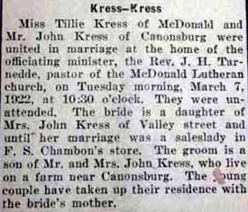 Marriage Notice for John KRESS to Tillie Kress, 7 Mar 1922