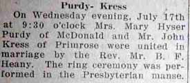 Marriage Notice for John KRESS to Mrs. Mary Hyser Purdy, 17 Jul 1929