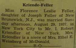 Marriage Notice for I. Robert KRIENDE / KRIENDLER to Florence Leslie Feller, 29 Aug 1937