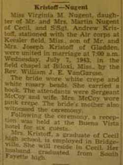 Marriage Notice for Andrew KRISTOFF to Virginia M. Nugent, 7 Jul 1943