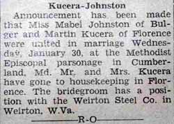 Marriage Notice for Martin KUCERA to Mabel Johnston, 30 Jan 1935