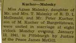 Marriage notice for 
Peter KUCHER to Agnes Malesky, 13 Jan 1941