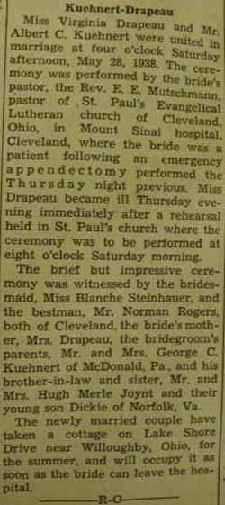 Marriage notice for 
        Albert C. KUEHNERT to Virginia Drapeau, 28 May 1938