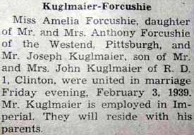 Marriage Notice for Joseph KUGLMAIER to Amelia Forcushie, 3 Feb 1939
