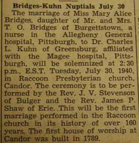 Marriage Notice for Dr. Charles L. KUHN to Mary Alice Bridges, 30 Jul 1940