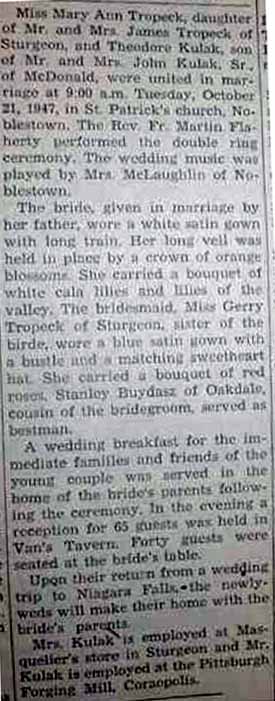 Marriage Notice for Theodore KULAK to Mary Ann Tropeck, 21 Oct 1947