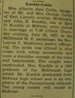 Marriage notice for 
John E. KUNKLE to Alberta Jane Cottle, 22 Jul 1937