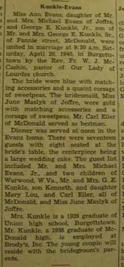 Marriage notice for George E. KUNKLE, Jr. to Ann Evans, 20 Apr 1940