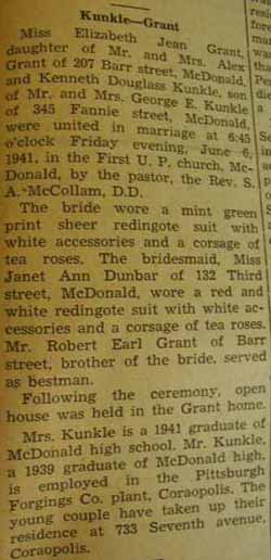 Marriage notice for  Douglass KUNKLE to Elizabeth Jean Grant, 6 Jun 1941