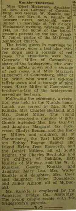 Marriage notice for 
George W. KUNKLE to Ethel Hickerson, 29 Sep 1943