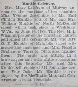 Marriage Notice for Earl Clinton KUNKLE to Yvonne Josephine Lefebvre, 26 Jun 1934