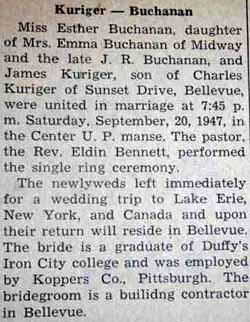 Marriage Notice for James KURIGER to Esther Buchanan, 20 Sep 1947