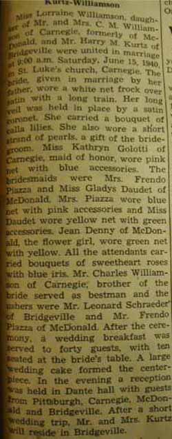 Marriage Notice for 
Harry M. KURTZ to Lorraine Williamson, 15 Jun 1940