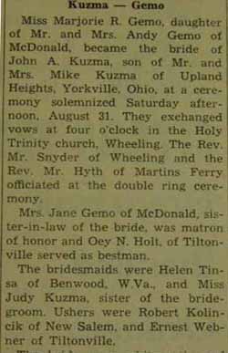 Part 1 Marriage Notice for John A. KUZMA to Marjorie R. Gemo, 31 Aug 1946