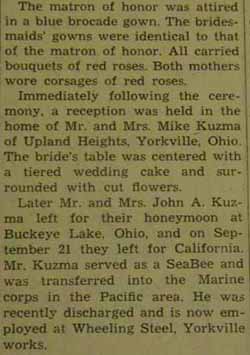 Part 3 Marriage Notice for John A. KUZMA to Marjorie R. Gemo, 31 Aug 1946