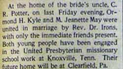 Marriage Notice for Ormond H. KYLE to M. Jeanette May, no date, in 11-16-1902 paper
