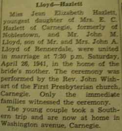 Marriage Notice for 
        John M. LLOYD to Jean Elizabeth Hazlett, 26 Apr 1941