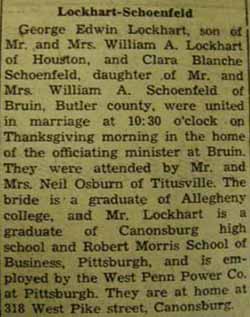 Marriage notice for George Edwin LOCKHART to Clara Blanche Schoenfeld, 25 Nov 1937