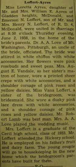 Marriage Notice for Emerson N. LOFFERT to Loretta Ayres, 2 Jun 1938