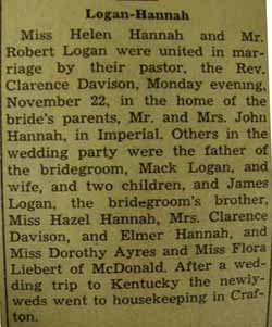 Marriage Notice for 
Robert LOGAN to Helen Hannah, 22 Nov 1937