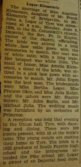 Marriage Notice for John A. LOGAR to Angeline Klemencic, 8 Jun 1936