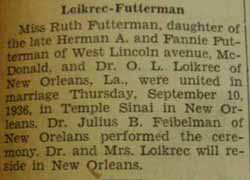Marriage Notice for O. L. LOIKRECK to Ruth Futterman, 10 Sep 1936