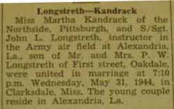 Marriage notice for 
John L. LONGSTRETH to Martha Kandrack, 31 May 1944