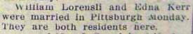 Wedding notice for <b></b>William LORENSLI to Edna KERR, Monday no date, in 11-22-1928 paper