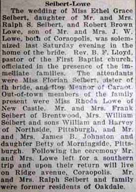 Marriage Notice for Robert Brown LOWE to Ethel Grace Seibert, no date, in 3-14-1929 paper