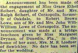 Engagement Notice for Robert Brown LOWE to Grace Ethel Seibert, no date, in 3-14-1929 paper