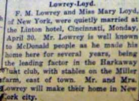 Marriage Notice for F. M. LOWREY to Mary Loyd, 30 Apr 1917