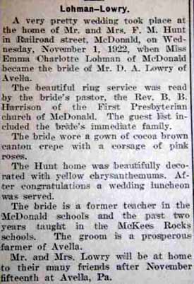 Article 1 Marriage Notice for D. A. LOWRY to Emma Charlotte Lohman, 1 Nov 1922