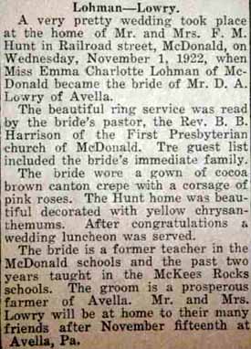 Article 2 Marriage Notice for D. A. LOWRY to Emma Charlotte Lohman, 1 Nov 1922