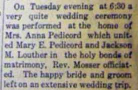 Marriage Notice for Jackson M. LOWTHER to Mary E. Pedicord, no date, in 11-29-1913 paper