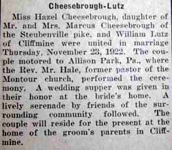 Marriage Notice for William LUTZ to Hazel Cheesebrough, 23 Nov 1922