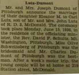 Marriage Notice for Carl LUTZ to Eleanor M. Dumont, 15 Jun 1936