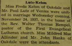Marriage Notice for 
Paul LUTZ to Freda Kehm, 24 Nov 1937
