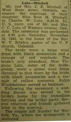 Marriage Notice for 
Charles W. LUTZ to Rose M. Mitchell, 13 Nov 1943