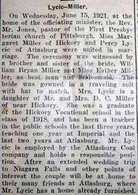 Marriage Notice for Percy LYCIC to Margaret Miller, 15 Jun 1921