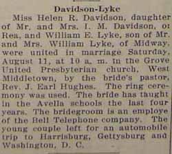 Marriage Notice for William E. LYKE to Helen R. DAVIDSON, 11 Aug 1928