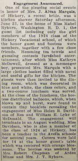 Engagement announcement for  William E. LYKE to Helen R. DAVIDSON