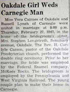 Marriage Notice for Russell LYNCH to Vera Cairnes, 27 Feb 1947