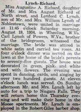 Marriage Notice for Lynford C. LYNCH to Augustine A. Richard, 18 Aug 1934