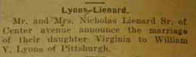 Marriage notice for William LYONS to Virginia Lienard, 28 Jun 1928